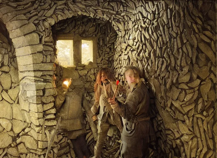 Image similar to jim henson's labyrinth. stone walls. you find a hole in the wall, like someone took a sledge hammer and just kept smashing as they walked forward. by edgar maxence and caravaggio and michael whelan and delacroix style, artistic, intricate painting, cinematic lighting, hyper realistic, extremely detailed, vivid colors, establishing shot, dramatic lighting