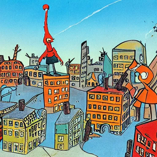 Image similar to A city ruined by nuclear bombings, illustrated by children's author and cartoonist, Dr Seuss.