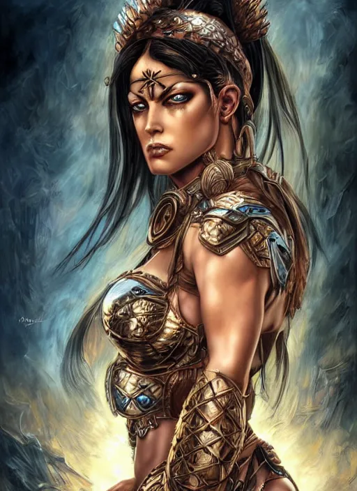 Image similar to a highly detailed symmetrical painting of a female amazon warrior with piercing beautiful eyes, dark tomb setting, dynamic lighting, ambient lighting, deviantart, art by artgerm and karol bak and mark brooks