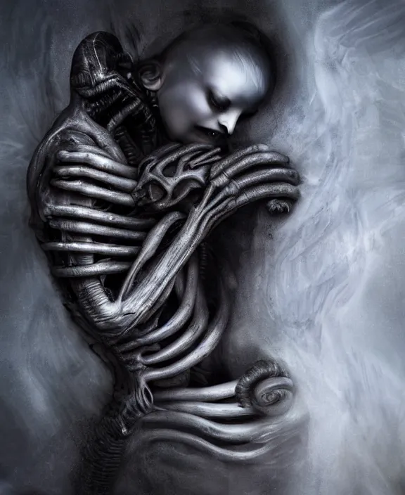 Image similar to xenomorph hugging pale sad beauty merging, dark mist colors, giger background liminal void, digital art, cinematic lighting, realistic, award winning photograph, various refining methods, micro macro autofocus