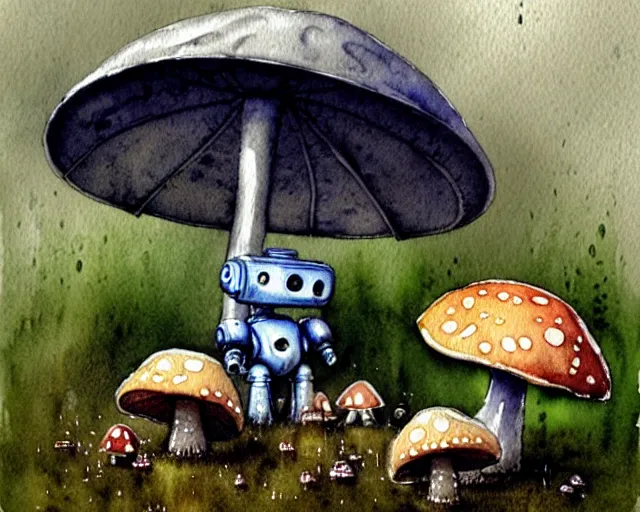 Prompt: a cute little robot sitting on the ground under mushrooms, hiding from the rain. gray sky, rain clouds, heavy rain. watercolor painting by jean - baptiste monge, muted colors