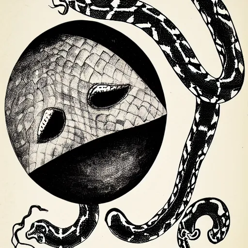 Image similar to an ink drawing of eerie comedy and tragedy theater masks circled by a snake, cracked, elaborate detail, shape of a circle, circular shape