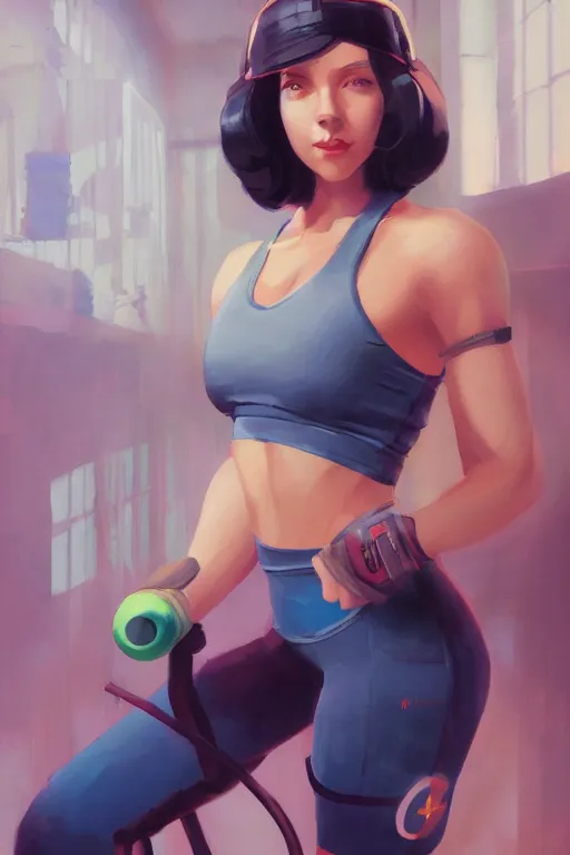 Prompt: a portrait of a cute female gym instructor, dieselpunk setting, vivid colors, soft lighting, atmospheric, cinematic, moody, in the style of artgerm and greg rutkowski, oil on canvas, 8 k