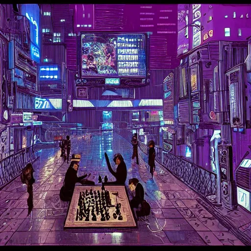 Image similar to high detailed people playing chess in a cyberpunk rainy city at night by josan gonzalez, eliran kantor, hand drawn, illustration, purple and blue neons, unreal engine, high quality, 4 k, uhd, trending on artstation, wires, blade runner vibes, ghost in the shell, akira, dorohedoro