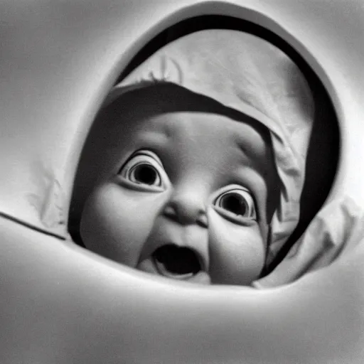 Image similar to colorized echography of a fetus teletubbie watching TV in his mother’s womb