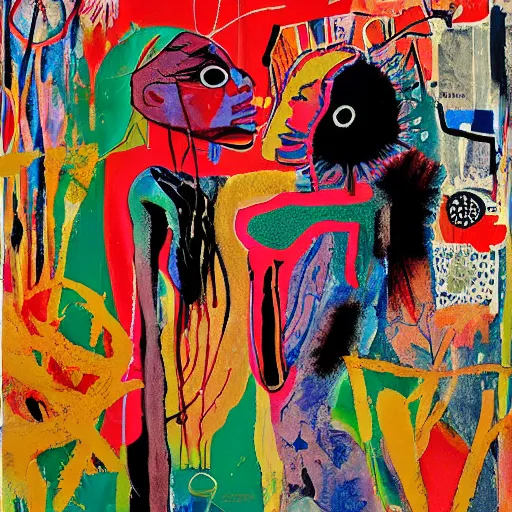 Image similar to acrylic painting of two bizarre psychedelic women kissing in japan in autumn, speculative evolution, mixed media collage by basquiat and jackson pollock, maximalist magazine collage art, sapphic art, psychedelic illustration