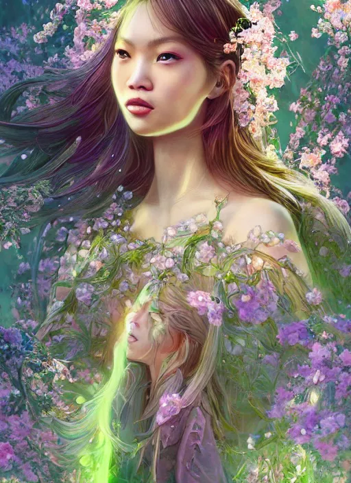 Image similar to portrait of Lalisa Manobal as a Celestial Goddess of a futuristic princess, inside future fighter, sci-fi, fantasy, intricate, lush garden spaceship with sakura season flowers, elegant, human anatomy, royal green and nature light, highly detailed, digital painting, artstation, concept art, smooth, sharp focus, illustration, art by tian zi and WLOP and alphonse mucha, masterpiece, 3d blender