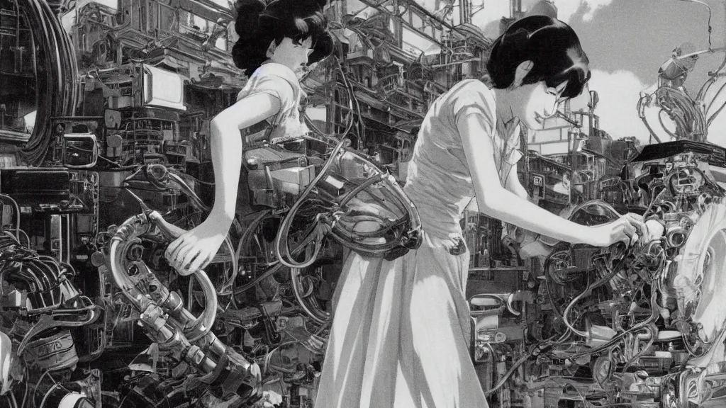 Image similar to a film still of a 1 9 5 0's mechanic anime girl working on a giant computer, finely detailed features, full body mid shot, perfect art, in the science laboratory, trending on pixiv fanbox, painted by gaston bussiere, makoto shinkai, akihiko yoshida, gaston bussiere, craig mullins, studio ghibli