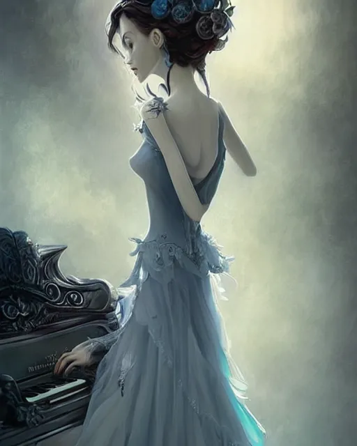 Image similar to elegant mysterious gracious undead victoria everglot from the corpse bride, portrait, illustration, the land of the death, piano in victorian front hall scene, rim light, top light, summer clear blue sky, perfectly shaded, soft painting, art by krenz cushart and wenjun lin