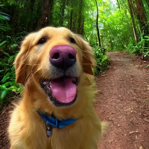 Image similar to selfie of a golden retriever dog showing tongue in front of a rainforest