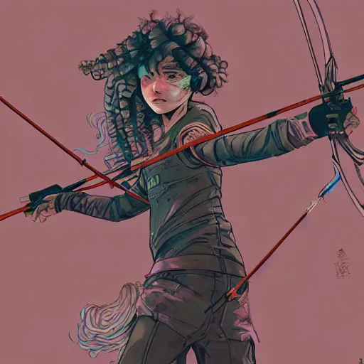 Prompt: close up, posing pointing with an arrow bow and shouting, a grungy cyberpunk anime, very cute, by super ss, curly pink hair, night sky by wlop, james jean, victo ngai, highly detailed