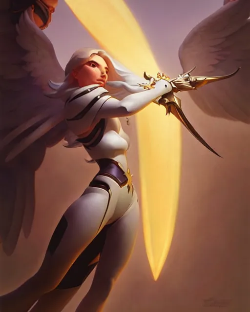 Image similar to mercy from overwatch, radiant light, caustics, by boris vallejo, gaston bussiere, bayard wu, greg rutkowski, giger, maxim verehin