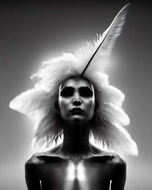 Image similar to surreal mythical dreamy dark artistic black and white fine art 3 / 4 portrait photo of a young delicate mutant female - cyborg with long pale feather hair, rim light, cinematic, studio dramatic light, poetic, octane render, 8 k, photo - realistic
