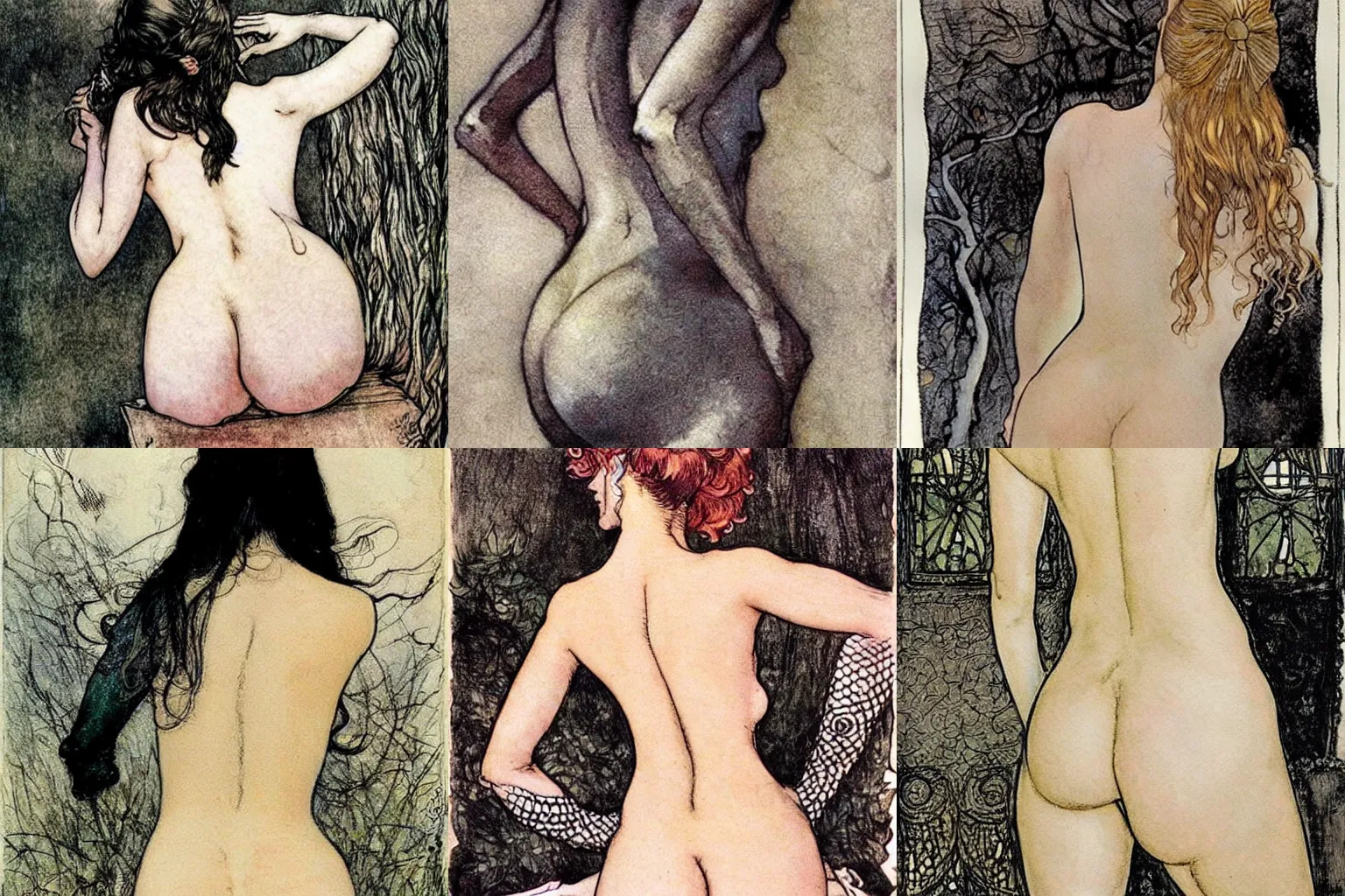 Prompt: the lower back of a beautiful woman. painting by milo manara and arthur rackham