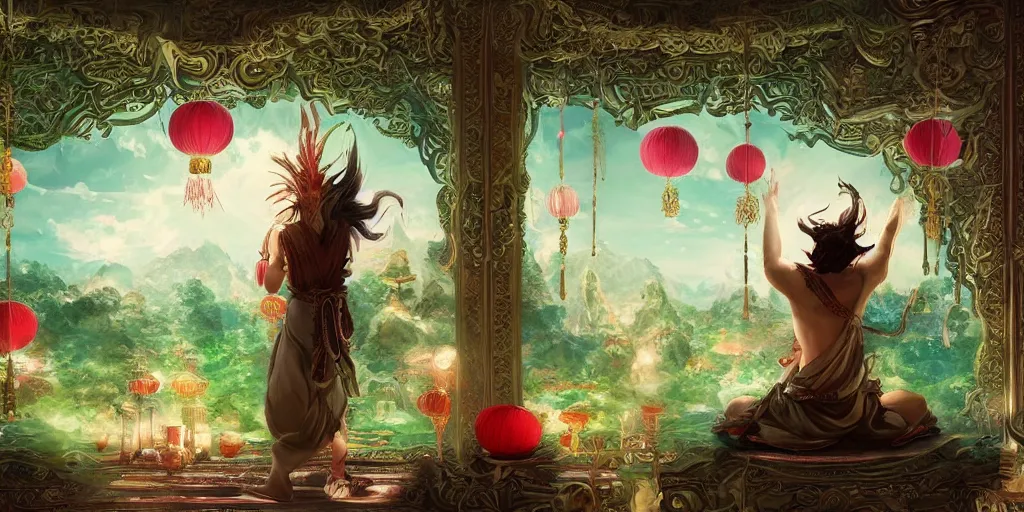 Image similar to painting of a wind god enjoying the view from his ornate heavenly palace, decorated with windchimes and paper lanterns, stunning green nature in background, digital art trending on artstation