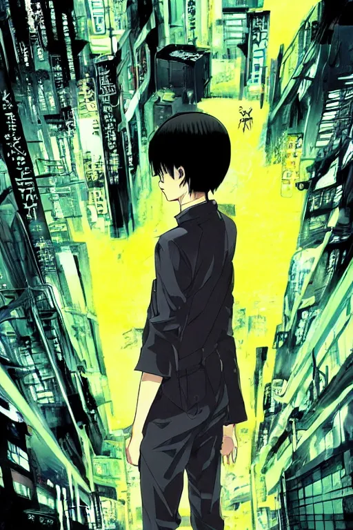 Prompt: professionally drawn seinen mature cyberpunk detective horror action manga comic cover, full color, beautifully drawn coherent professional, drawn by ilya kuvshinov, ilya kuvshinov, satoshi kon, kentaro miura and tsutomu nihei. japanese script kanji hiragana on the cover. simple minimalist stylized cover art. yellow green cel shaded