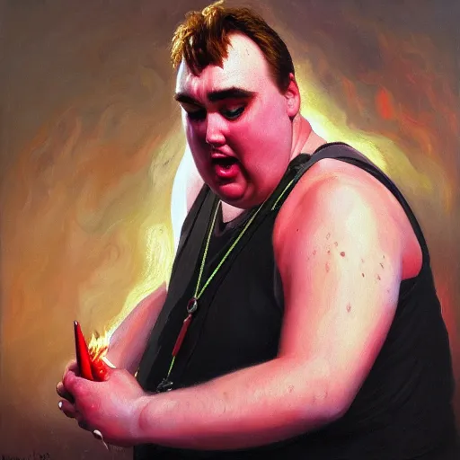 Image similar to portrait of john candy crying in the metaverse, fire and pain, oil on canvas by william sydney mount, trending on artstation