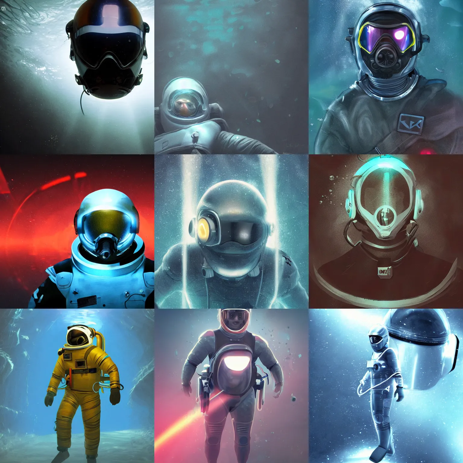 Prompt: infrared concept art in the dark underwater diver astronaut with meka helmet. complex suit design. wet reflection material. rays and dispersion of light breaking through the deep water. trend artstation