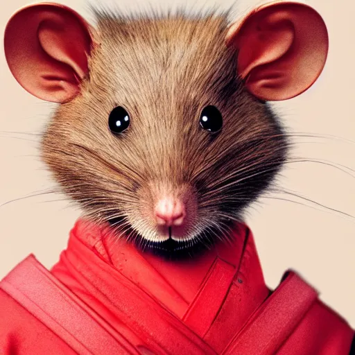 Image similar to a portrait of a human-rat hybrid with brown fur wearing a red kimono, hyper realistic, photography, film still