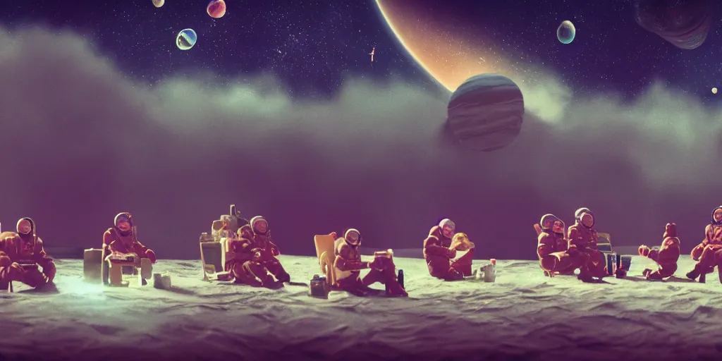 Image similar to twelve cosmonauts sitting by the river with a big holiday cake + octane render + ue 5 + planets and stars + mystical fog + psychedelic colors + super detail, high quality