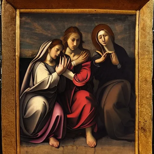 Image similar to 1 7 th century biblical painting of 3 women mourning at the tomb of jesus, 2 angels, style of caravaggio,