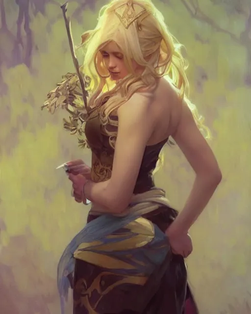 Prompt: '' Portrait of Beautiful blonde Slavic woman in her early 30’s, league of legends, LOL, fantasy, d&d, digital painting, artstation, concept art, sharp focus, illustration, art by greg rutkowski and alphonse mucha ''