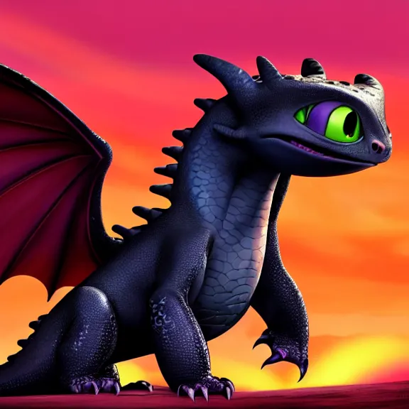 Prompt: High definition quality picture of toothless the dragon from How to Train a Dragon with a pink and purple Sunset Viking art style