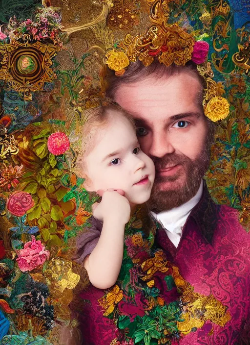Prompt: father with beautiful child, head overgrown by maximalist baroque rococo mixed media collage plants. vibrant colours. matte background. HD 8x