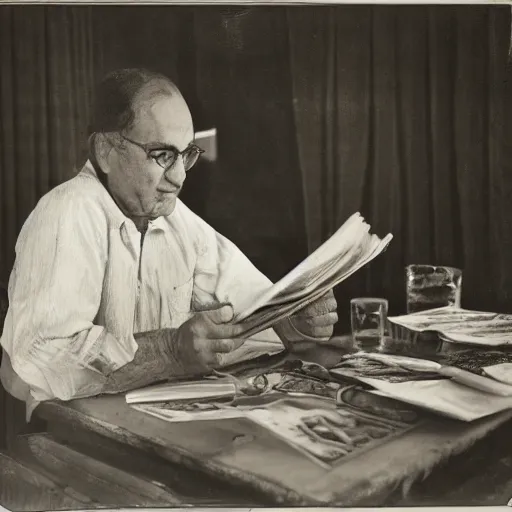 Image similar to lalo salamanca sitting at the table and reading newspapers, portrait, black and white, photograph, ultra realistic, grainy, highly detailed, Diane Arbus