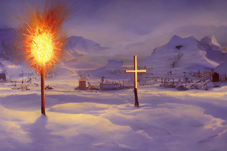 Image similar to a cross set on fire on a snow covered field, painting by salvador dali, a matte painting by li shida, cgsociety, context art, redshift, matte painting, reimagined by industrial light and magic