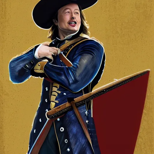Image similar to elon musk as a musketeer, he has a big black hat and holds a shiny sword, digital art