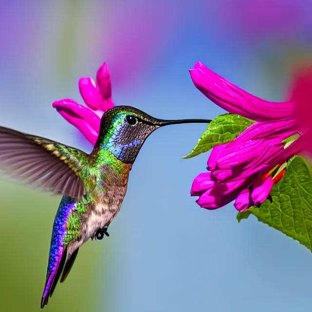 Prompt: a deep purple hummingbird at a fuchsia flower in the mountains
