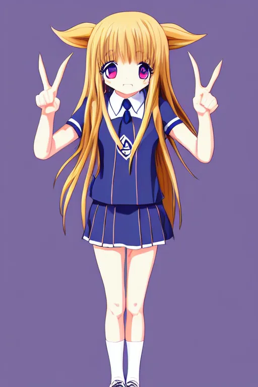 Image similar to full body anime portrait of a cute girl round eyes long hair dressed in a school uniform inside the school horns protruding on her head, peace sign, stunning, highly detailed, anatomically correct