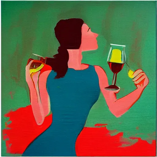 Image similar to square painting of a ballerina drinking wine in a teal room all on a red background