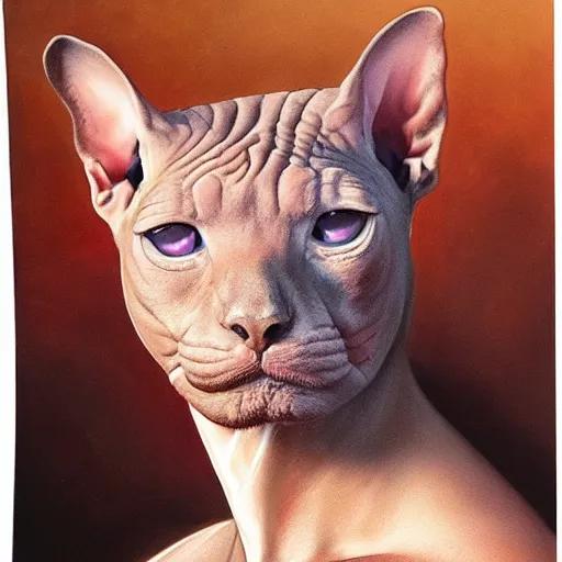 Image similar to ultra realistic head and shoulders portrait painting of tom selleck as a sphynx cat, art by frank frazetta, 4 k, ultra realistic, highly detailed, epic lighting