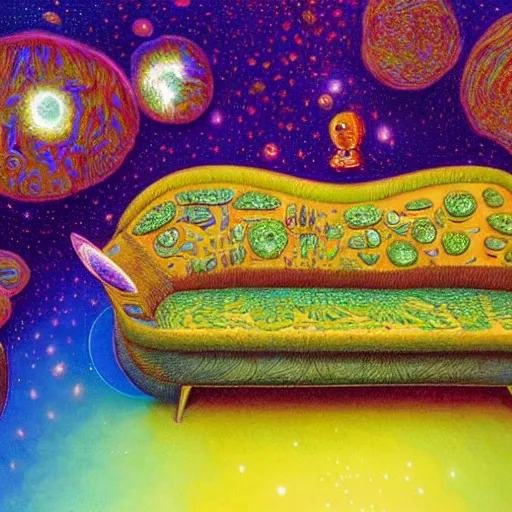 Image similar to psychedelic couch sofa in the lush forest, milky way, designed by moebius, rob gonsalves, gustav dore, giuseppe arcimboldo and carl barks, louis wain, trending on artstation, canada, star, sharp focus, colorful refracted sparkles and lines, soft light, 8 k 4 k