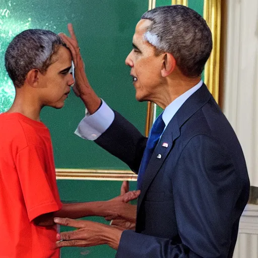 Prompt: Obama giving a smaller obama a medal