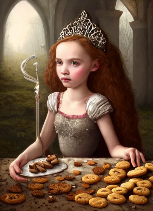 Image similar to highly detailed closeup portrait of a fairytale medieval princess eating cookies, unreal engine, nicoletta ceccoli, mark ryden, lostfish, earl norem, global illumination, god rays, detailed and intricate environment