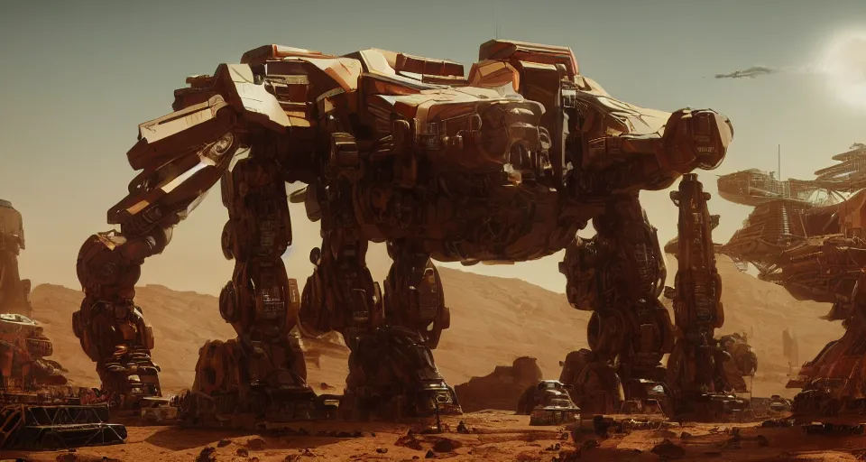 Prompt: a colossal mech that has died and is being overtaken by dirt and sand and rust in a desert inspired ilm, beeple, star citizen halo, mass effect, starship troopers, elysium, iron smelting pits, high tech industrial, warm saturated colours