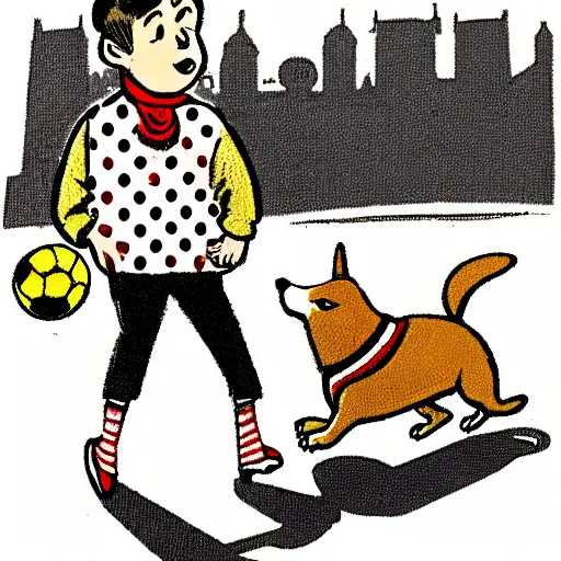 Image similar to illustration of french boy on the streets of paris playing football against a corgi, the dog is wearing a polka dot scarf, comic, 1 9 6 6