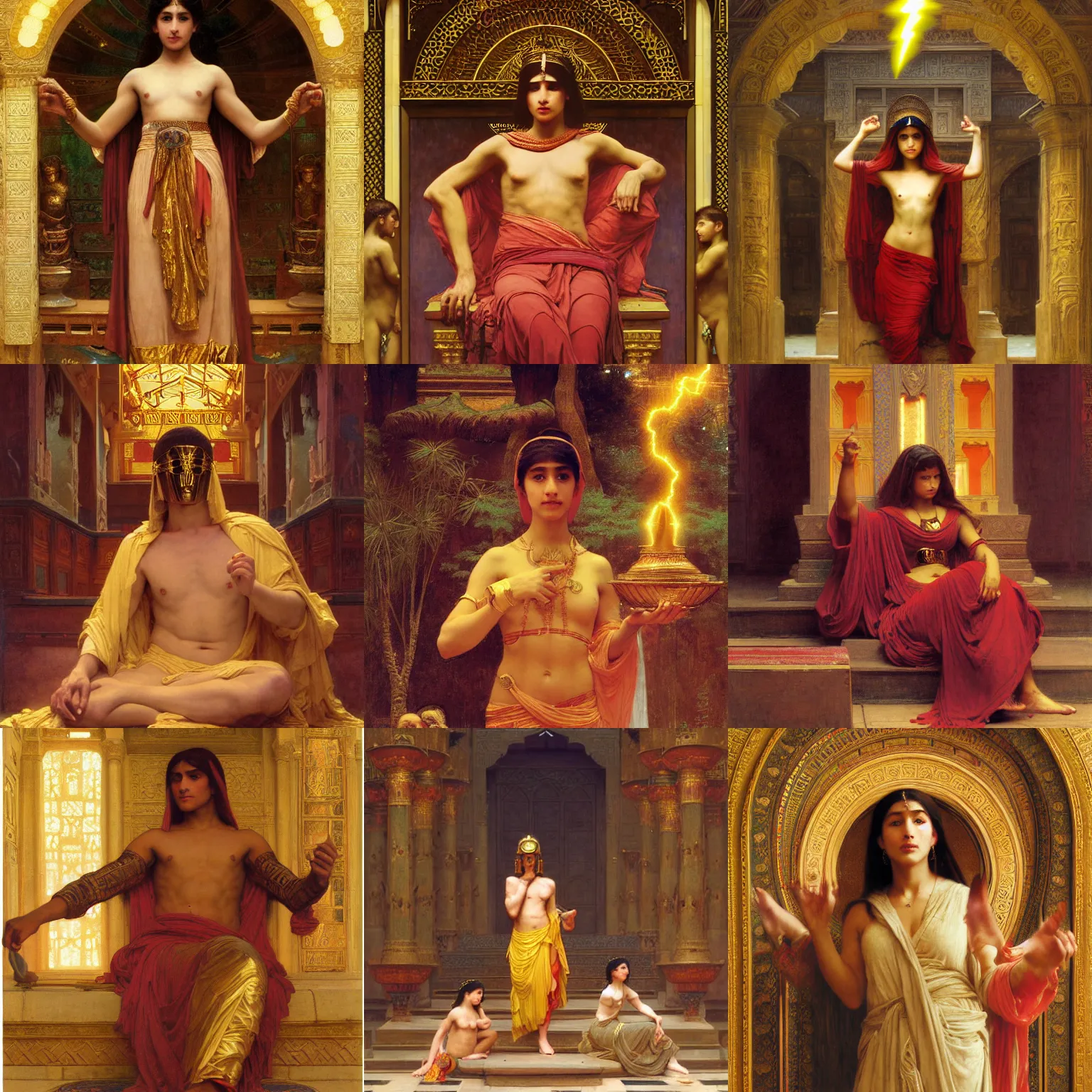 Prompt: orientalist portrait of a glowing lightning magic spell being cast by a sage wearing a golden mask in a sandstone temple intricate portrait by john william waterhouse and Edwin Longsden Long and Theodore Ralli and William-Adolphe Bouguereau, very coherent symmetrical artwork. Cinematic, hyper realism, high detail 8k