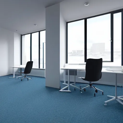 Image similar to interior shooting offices enviroment, open plan, perspective view Minimalist office in Scandinavian style, city, reception, blue color, carpets floor design, steelcase furniture, open area, meeting rooms, minimal, realistic, photo-realistic maximum detail, Archviz, octane render, geometric design, design 8k resolution