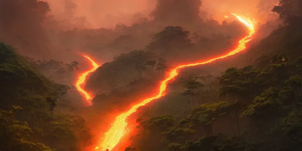 Prompt: A river of lava flowing through the lush amazon jungle, anato finnstark, greg rutkowski, john howe, artstation, dramatic