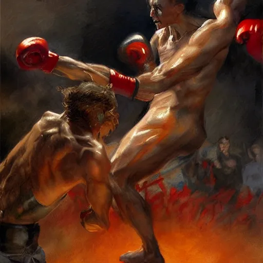 Image similar to a beautiful painting the grim reaper fist - fighting satan in a boxing ring, rendered art, highly detailed painting by gaston bussiere, craig mullins, j. c. leyendecker 8 k, trending on artstation, art, fighting, watercolor