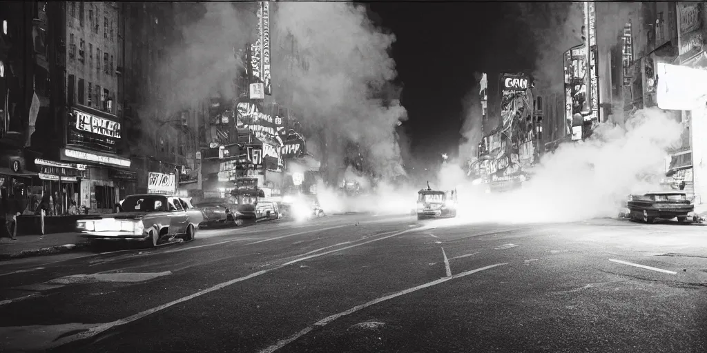 Image similar to a high resolution photo of a new york street at night surrounded with smoke and cars with bright headlights by joel meyerowitz, realistic photo, trending on artsation,