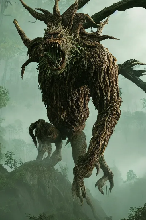 Image similar to forest monster, Witcher, creature design, concept art, weta studio, cinema 4D, extremely detailed, UHD, octane, ILM