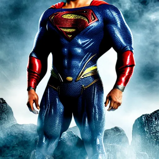 Prompt: Dwayne Johnson as Superman in Justice League, apocalyptic skies behind him, photo, promo shoot, studio lighting