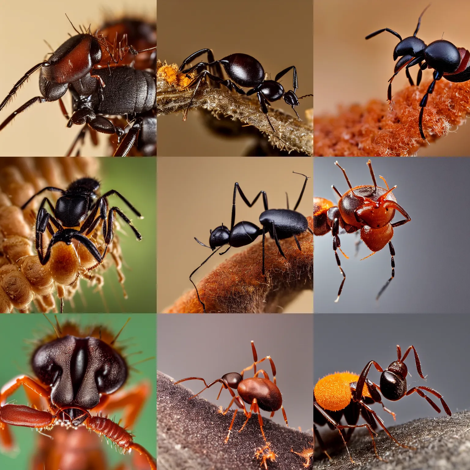 Prompt: a macro photograph of an ant with a fuzzy fungal cordyceps stalk coming out of it's head