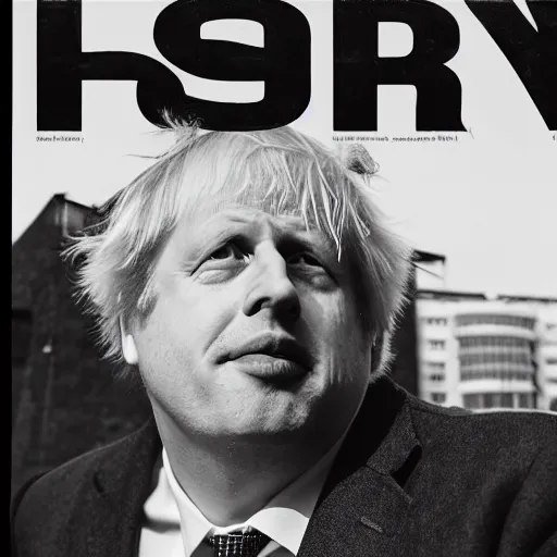 Image similar to Boris Johnson in a desolate wasteland surrounded by horryfying shadow monsters, black and white photo