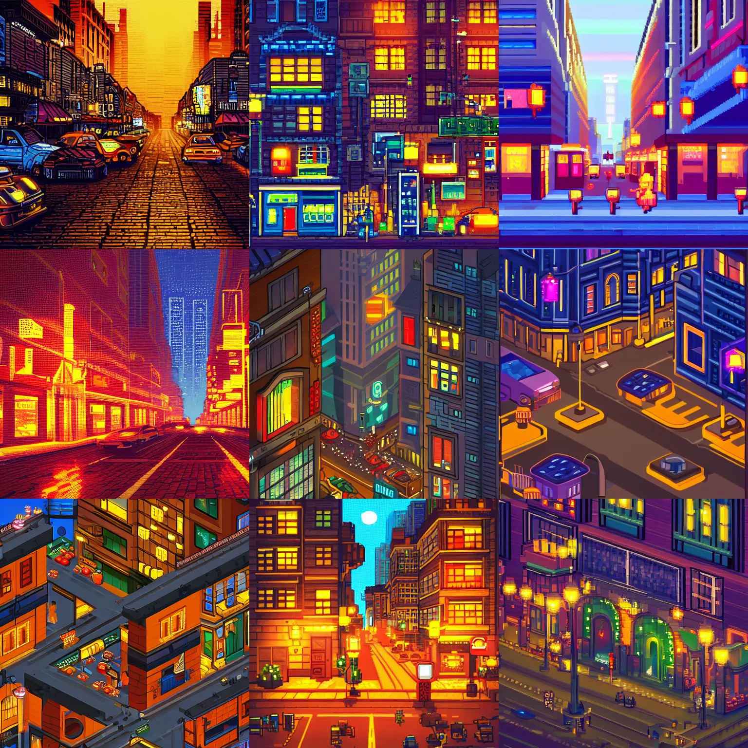 Prompt: street city night,fantastic lighting, pixel art, high detail , 16 bits, 2d